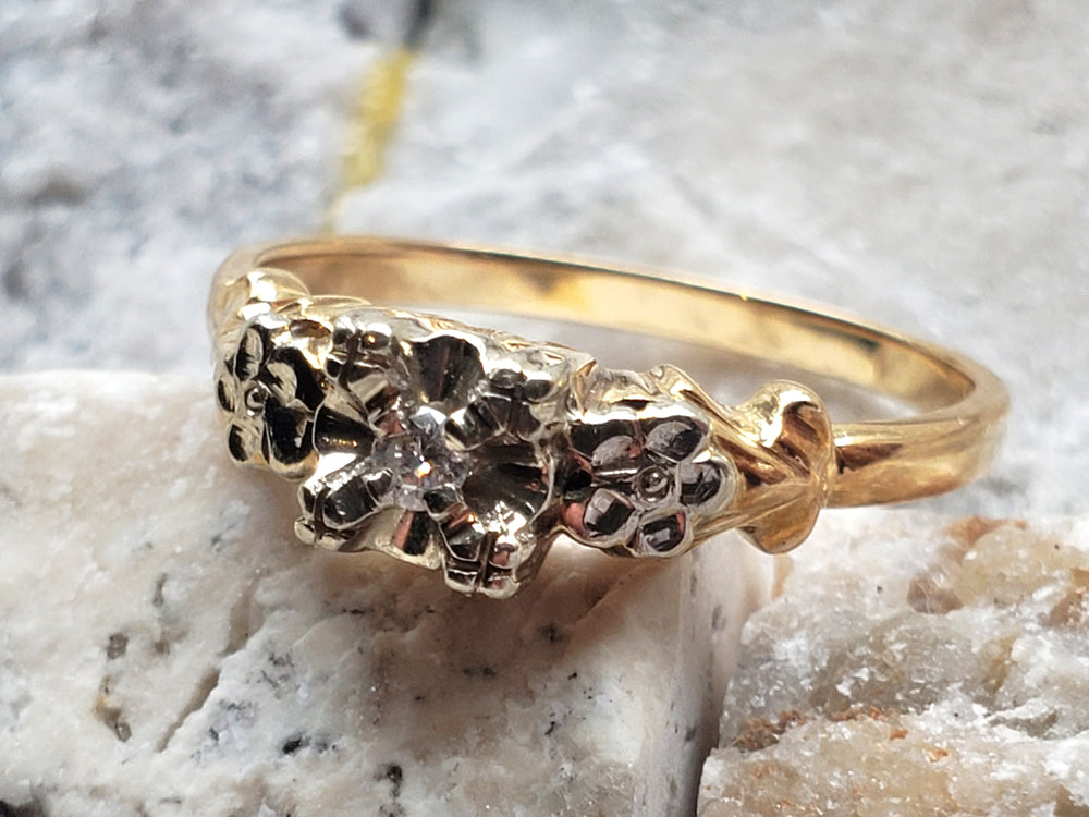 Art Deco Engagement Ring with Natural Diamond / Forget-me-not Floral Engagement Ring