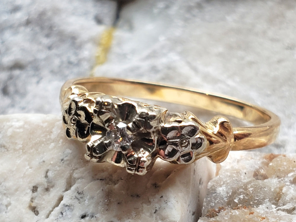 Art Deco Engagement Ring with Natural Diamond / Forget-me-not Floral Engagement Ring