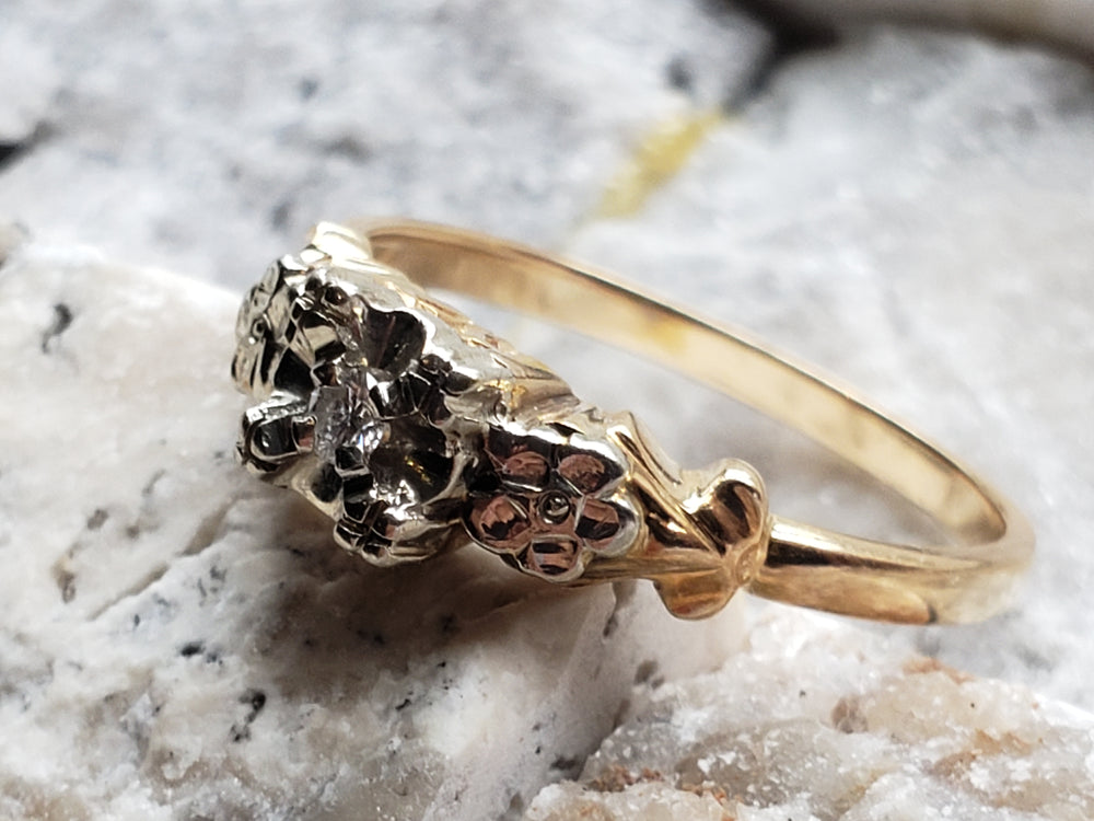 Art Deco Engagement Ring with Natural Diamond / Forget-me-not Floral Engagement Ring