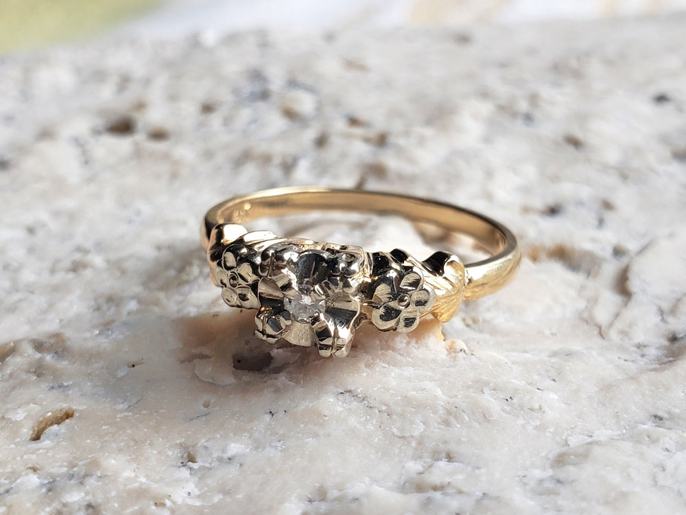 Art Deco Engagement Ring with Natural Diamond / Forget-me-not Floral Engagement Ring