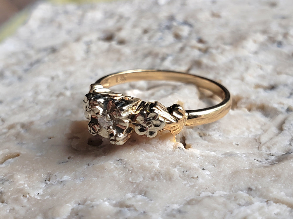 Art Deco Engagement Ring with Natural Diamond / Forget-me-not Floral Engagement Ring