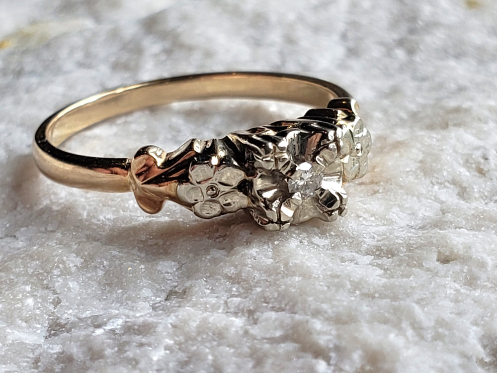 Art Deco Engagement Ring with Natural Diamond / Forget-me-not Floral Engagement Ring