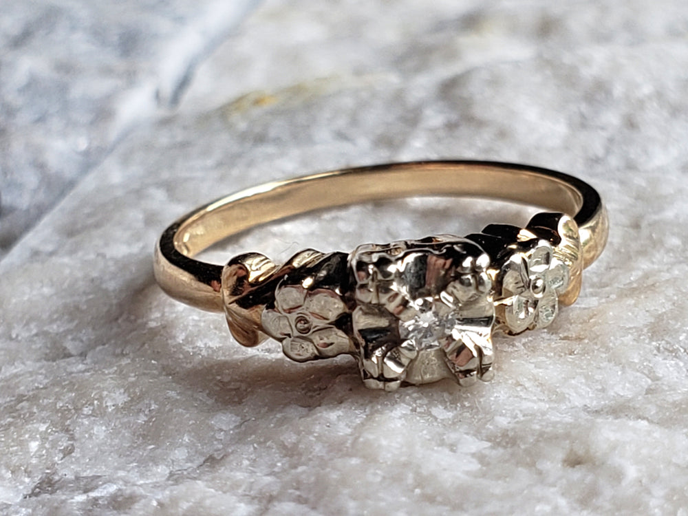 Art Deco Engagement Ring with Natural Diamond / Forget-me-not Floral Engagement Ring