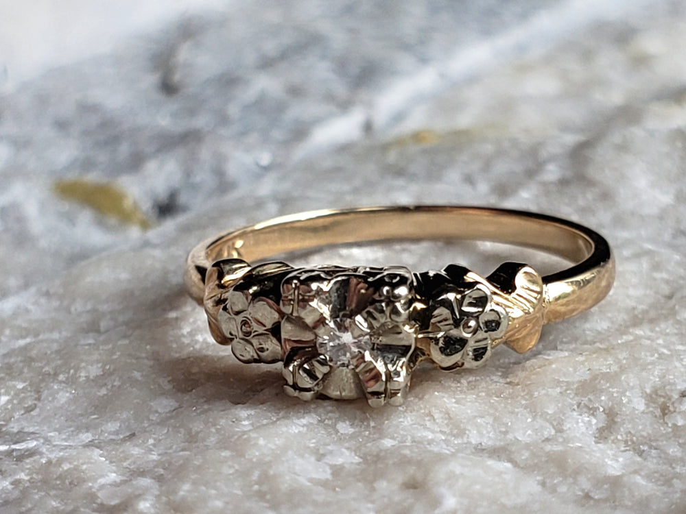 Art Deco Engagement Ring with Natural Diamond / Forget-me-not Floral Engagement Ring
