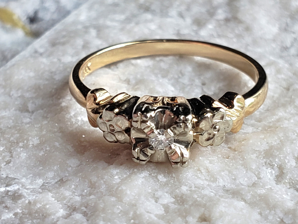 Art Deco Engagement Ring with Natural Diamond / Forget-me-not Floral Engagement Ring