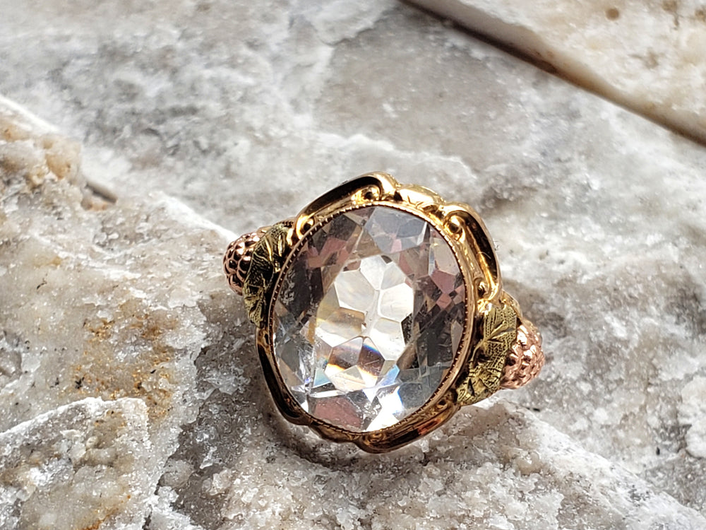 Rock Crystal Ring set in tri-colour gold / Black Hills Gold Ring