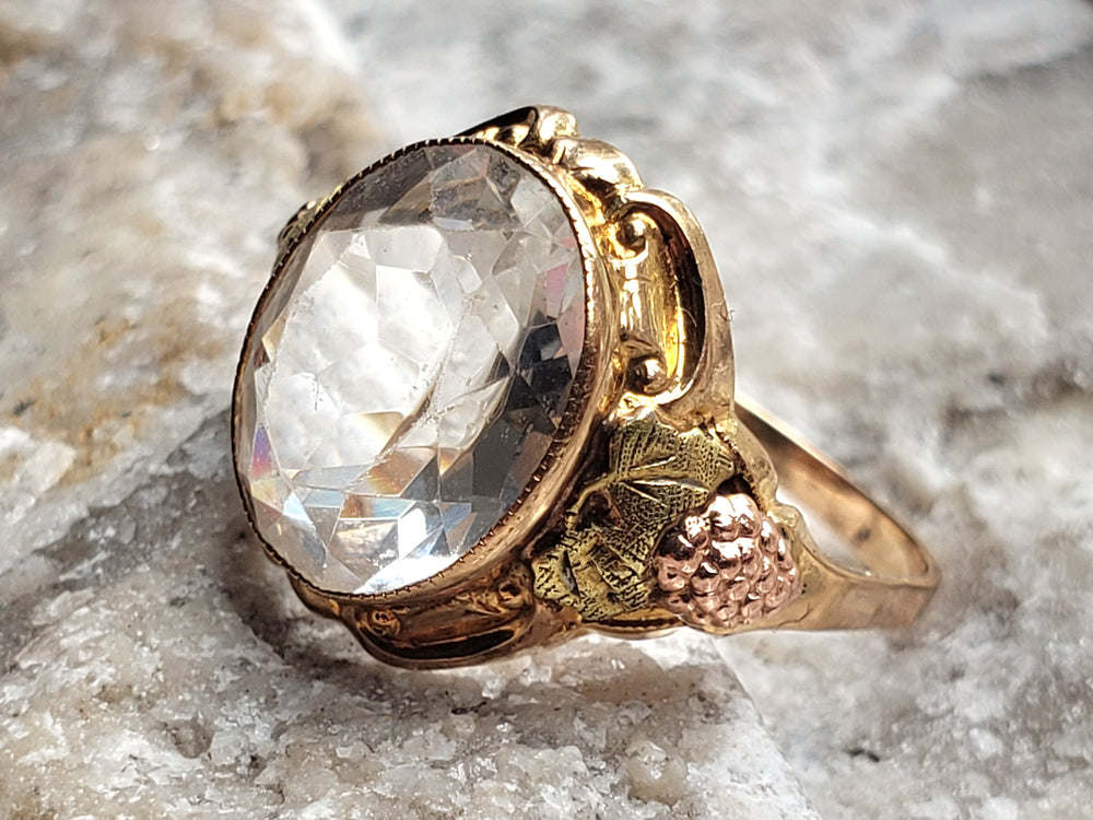 Rock Crystal Ring set in tri-colour gold / Black Hills Gold Ring