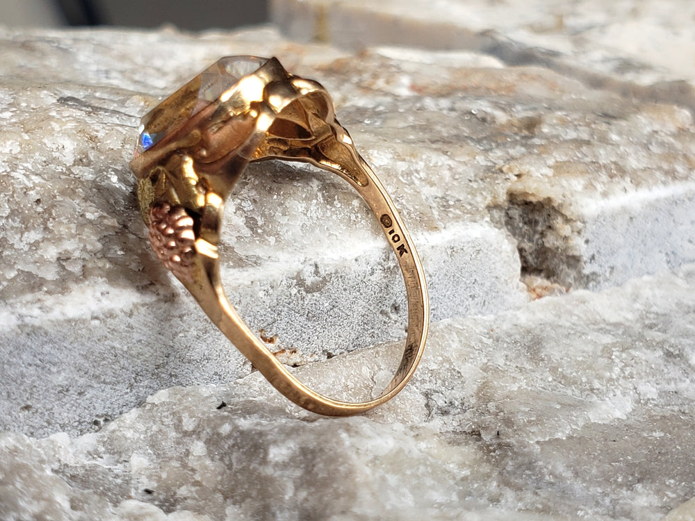 Rock Crystal Ring set in tri-colour gold / Black Hills Gold Ring