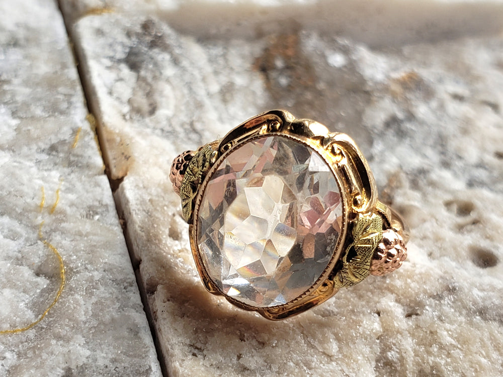 Rock Crystal Ring set in tri-colour gold / Black Hills Gold Ring