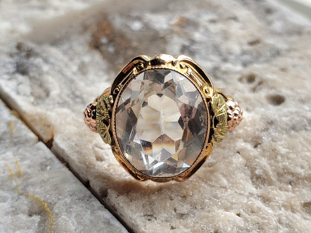 Rock Crystal Ring set in tri-colour gold / Black Hills Gold Ring
