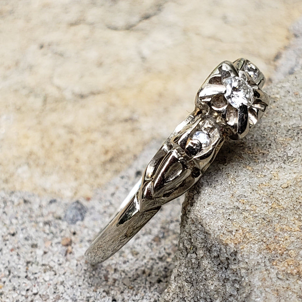 Vintage Three Stone Engagement Ring / 18K White Gold Diamond Promise Ring / Past Present Future Diamond Ring