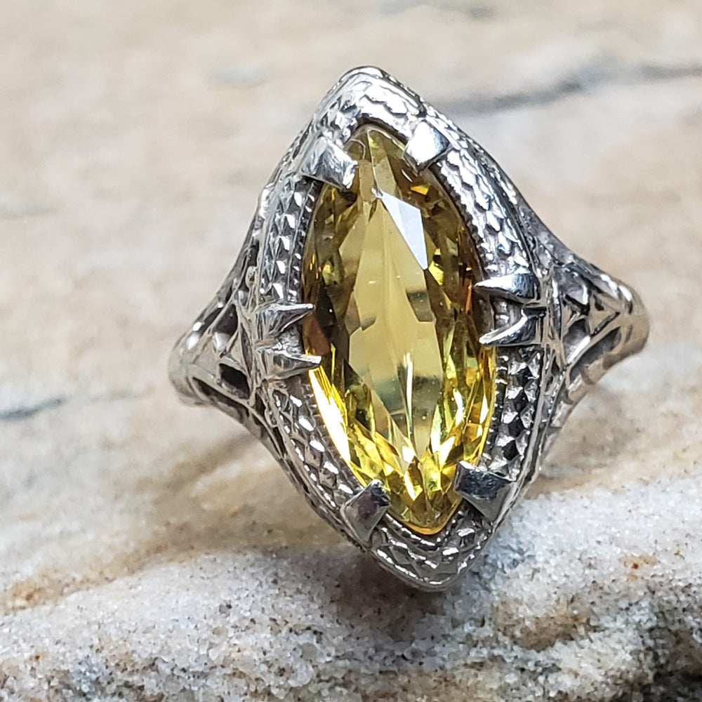 Art Deco Filigree Gold Ring / Synthetic Yellow Sapphire Filigree Ring / Art Deco White Gold Ring / Pinky Ring