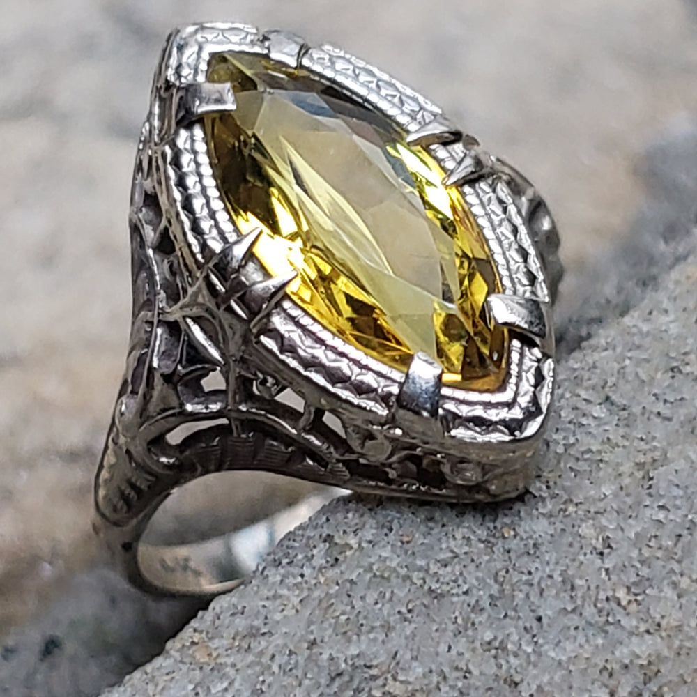 Art Deco Filigree Gold Ring / Synthetic Yellow Sapphire Filigree Ring / Art Deco White Gold Ring / Pinky Ring