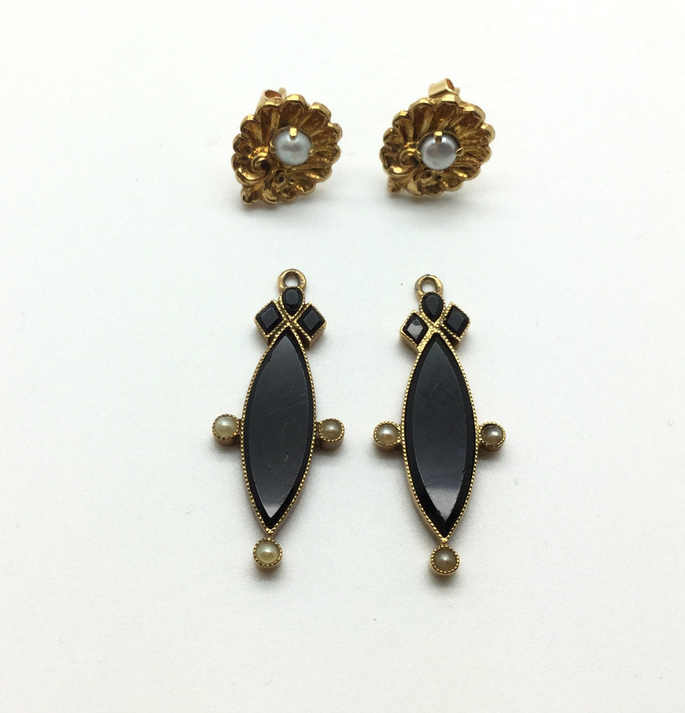 Victorian Pearl and Onyx Day / Night Earrings