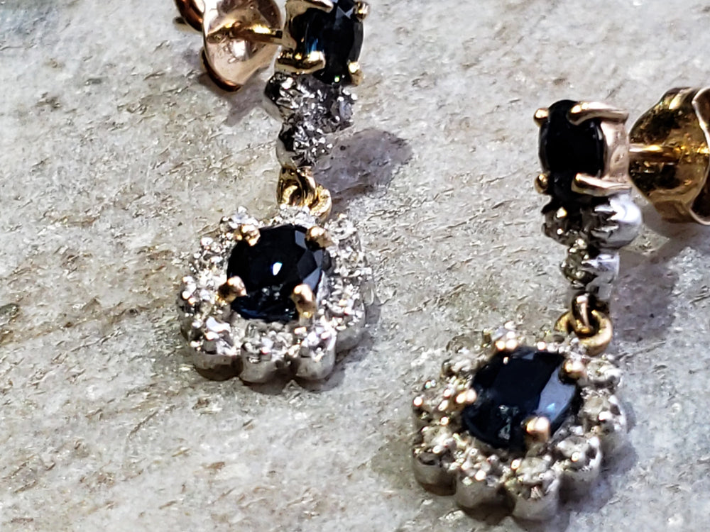 Sapphire and Diamond Earrings / Sapphire and Diamond Cluster Earrings / Princess Diana - Kate Middleton Cluster Earrings
