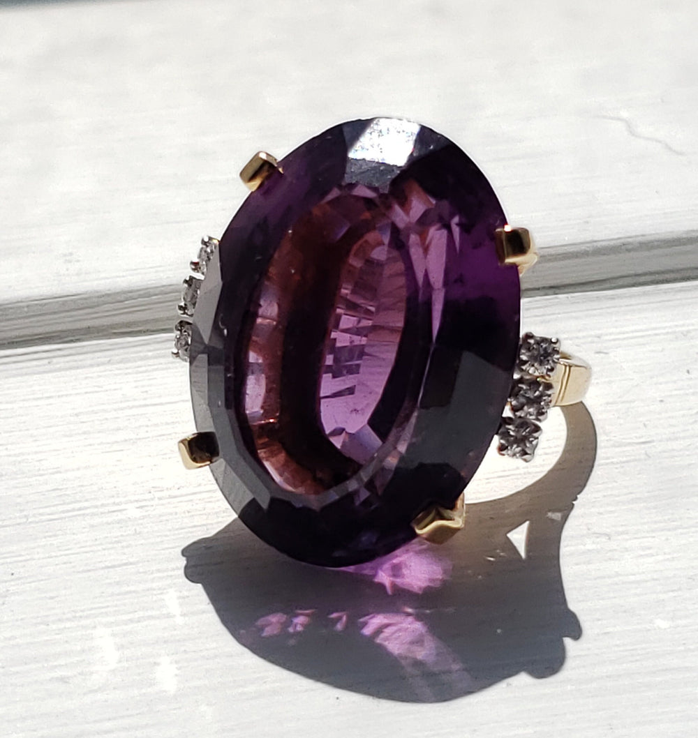 Amethyst Cocktail Ring with Diamonds / Large Amethyst Retro Ring / Statement Amethyst Ring with diamonds