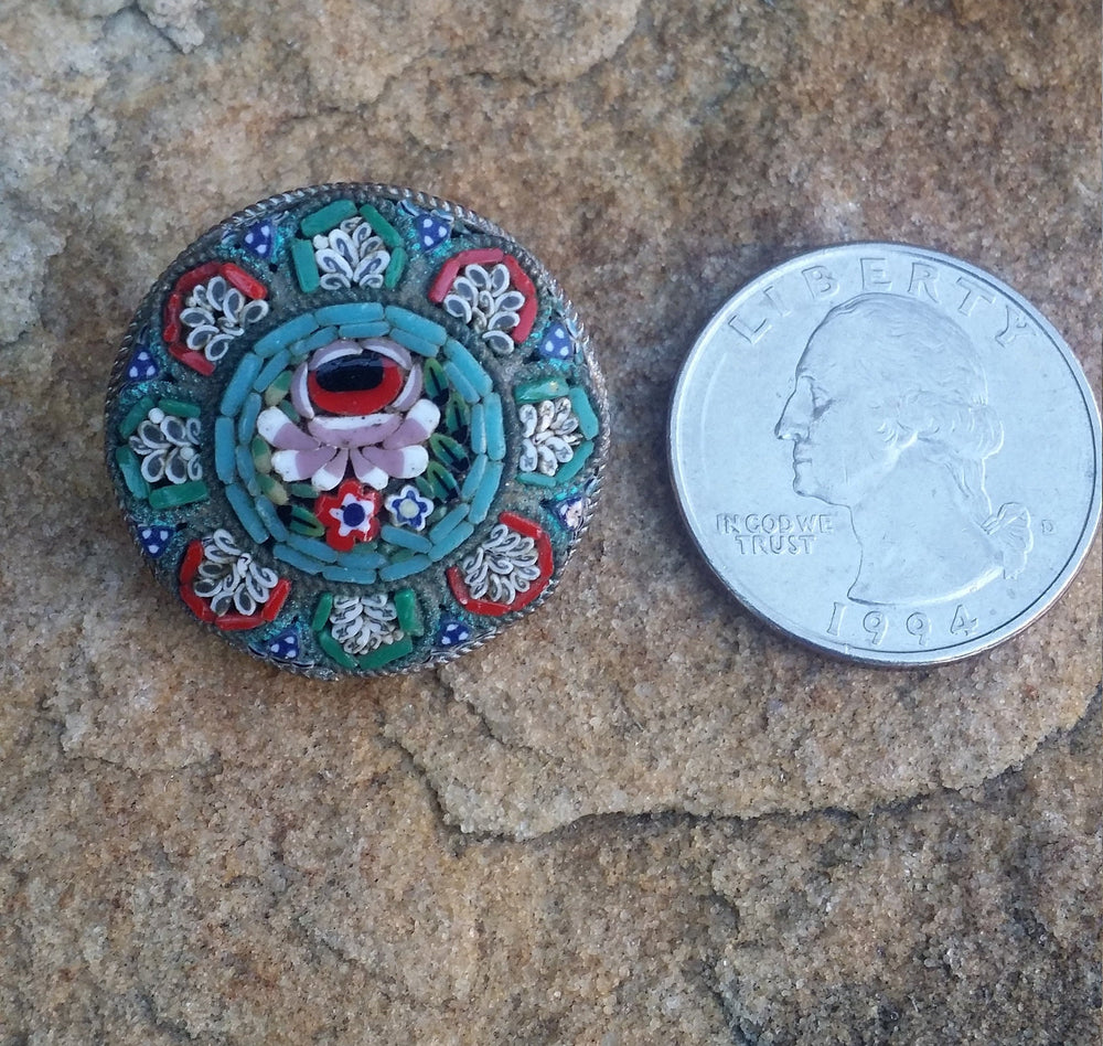 Sea Blue Teal and Red Floral Micro Mosaic Brooch / Italian Made Micro Mosaic Brooch