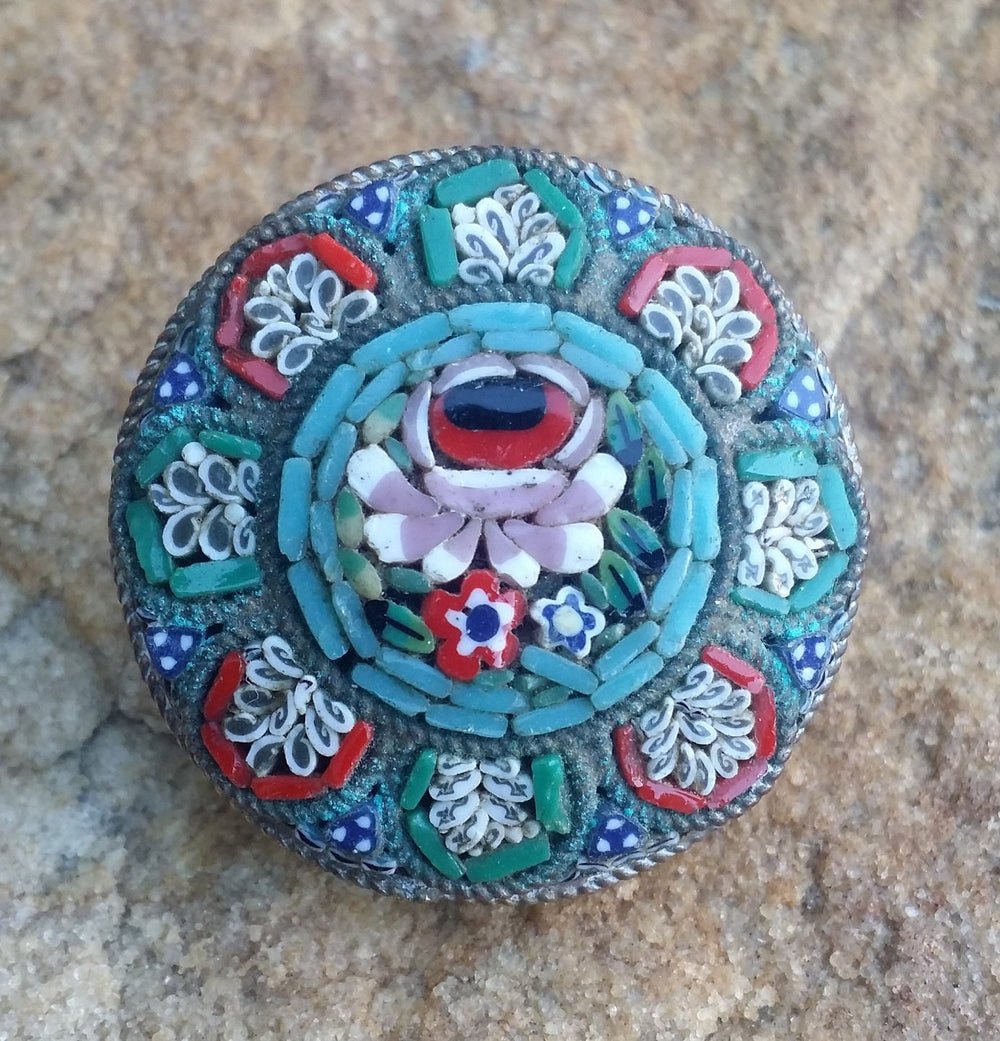 Sea Blue Teal and Red Floral Micro Mosaic Brooch / Italian Made Micro Mosaic Brooch