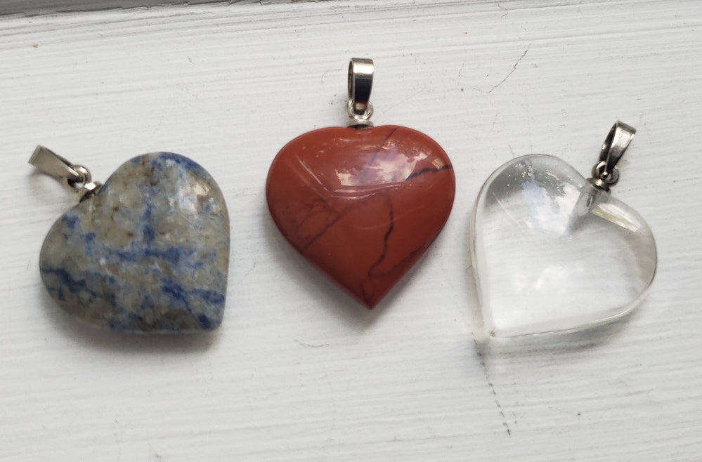 Group of Gemstone Hearts and Silver Tone Chain / Quartz, Sodalite and Jasper Gemstone Heart with Silver Tone Chain
