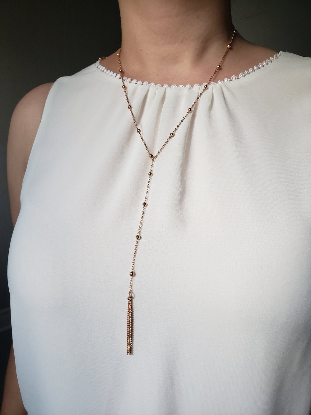 Modern Rose Gold Plated Rhinestone Necklace / Rose Gold Station Necklace / Y Necklace