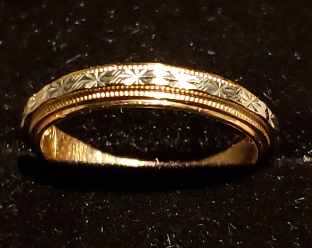 10K Patterned Gold Wedding Band / Two Tone Engraved Wedding Band / Stacking Band / Ring Stack