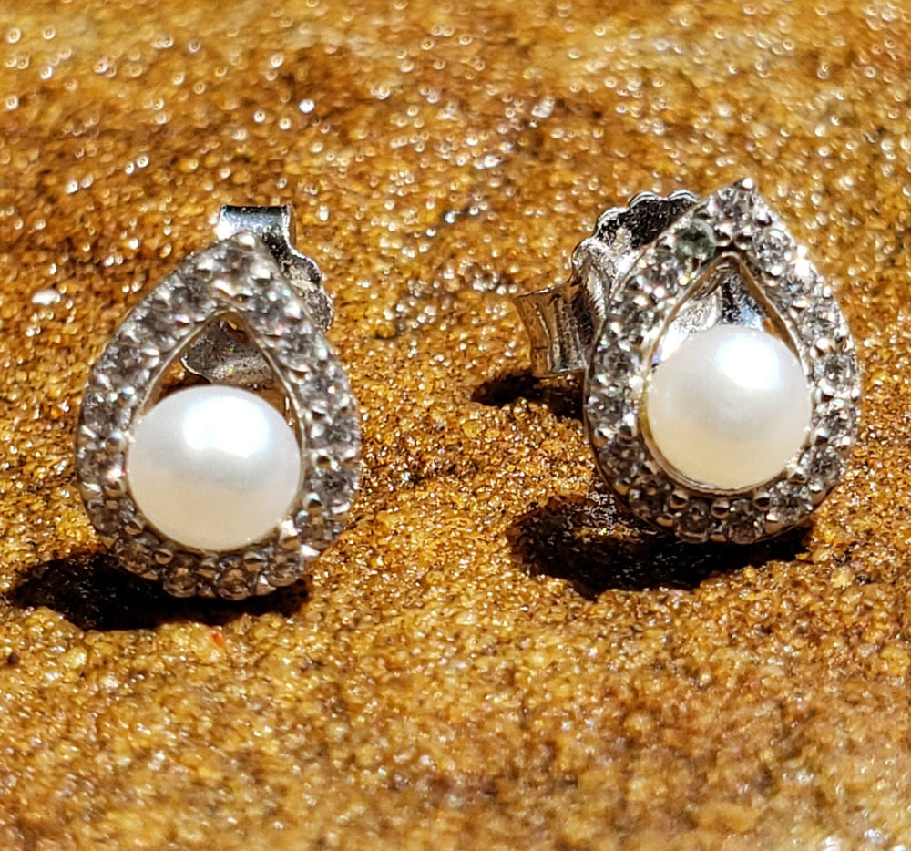 Pearl Earrings / Teardrop CZ and Silver Pearl Earrings / Pearl Studs