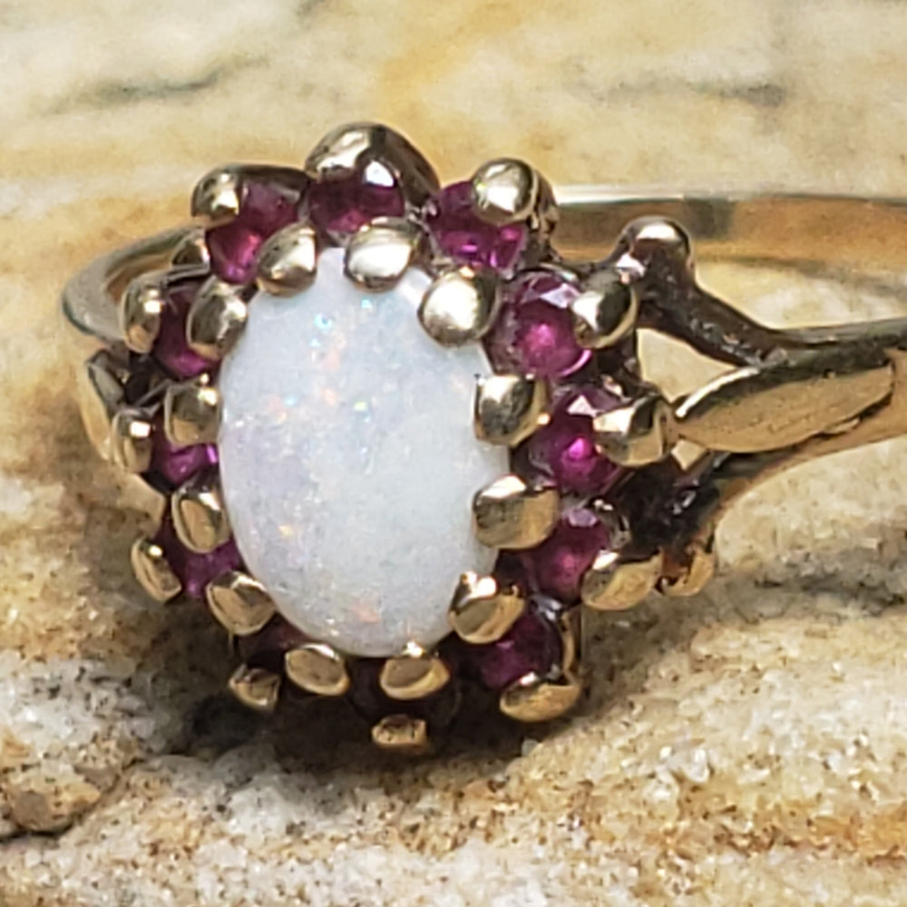 Vintage Opal and Ruby Ring / October Birthstone / Opal Cluster Ring