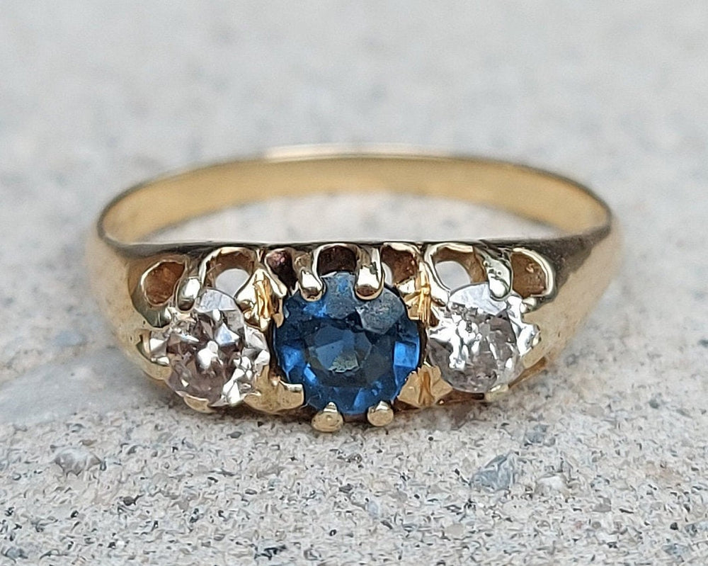 Antique Sapphire and Diamond Ring / Old European Cut Diamonds and Blue Sapphire / Victorian Sapphire Ring