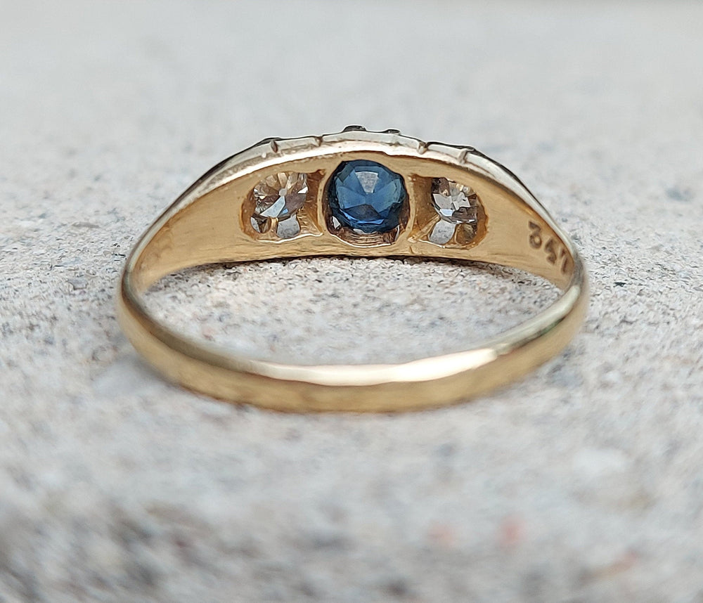 Antique Sapphire and Diamond Ring / Old European Cut Diamonds and Blue Sapphire / Victorian Sapphire Ring