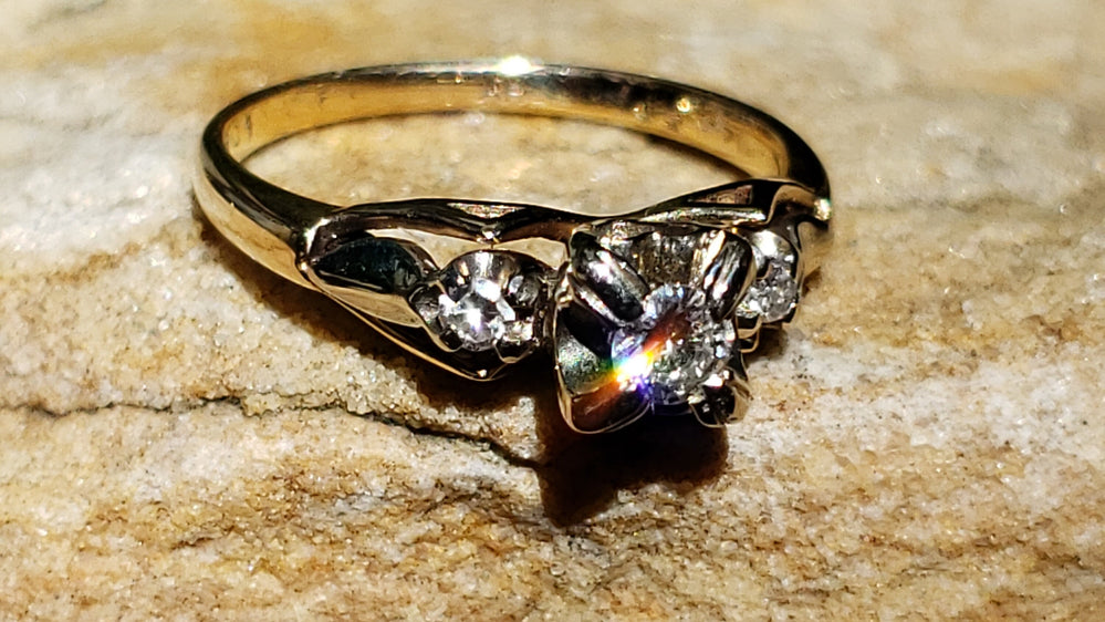 Three Stone Diamond Engagement Ring / 1950s Illusion Diamond Engagement Ring