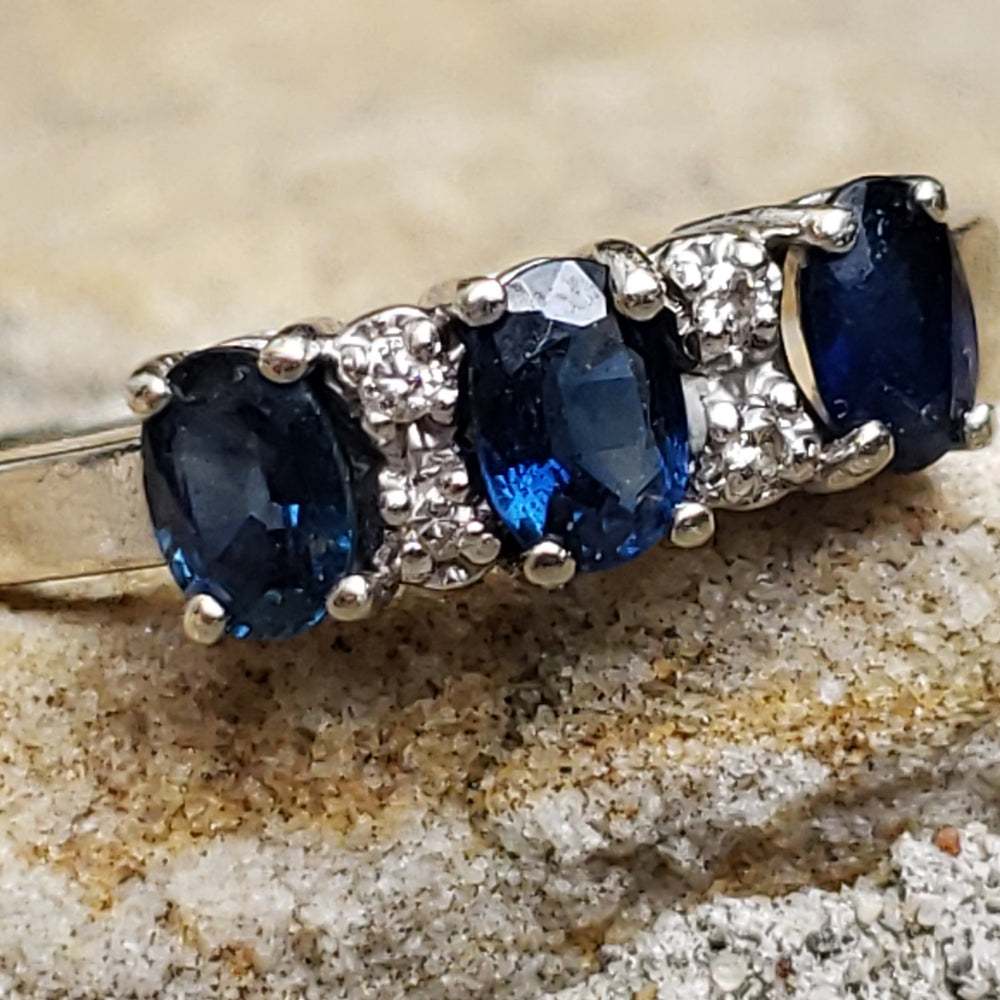 Sapphire Three Stone Ring / Sapphire and Diamond / September Birthstone Ring
