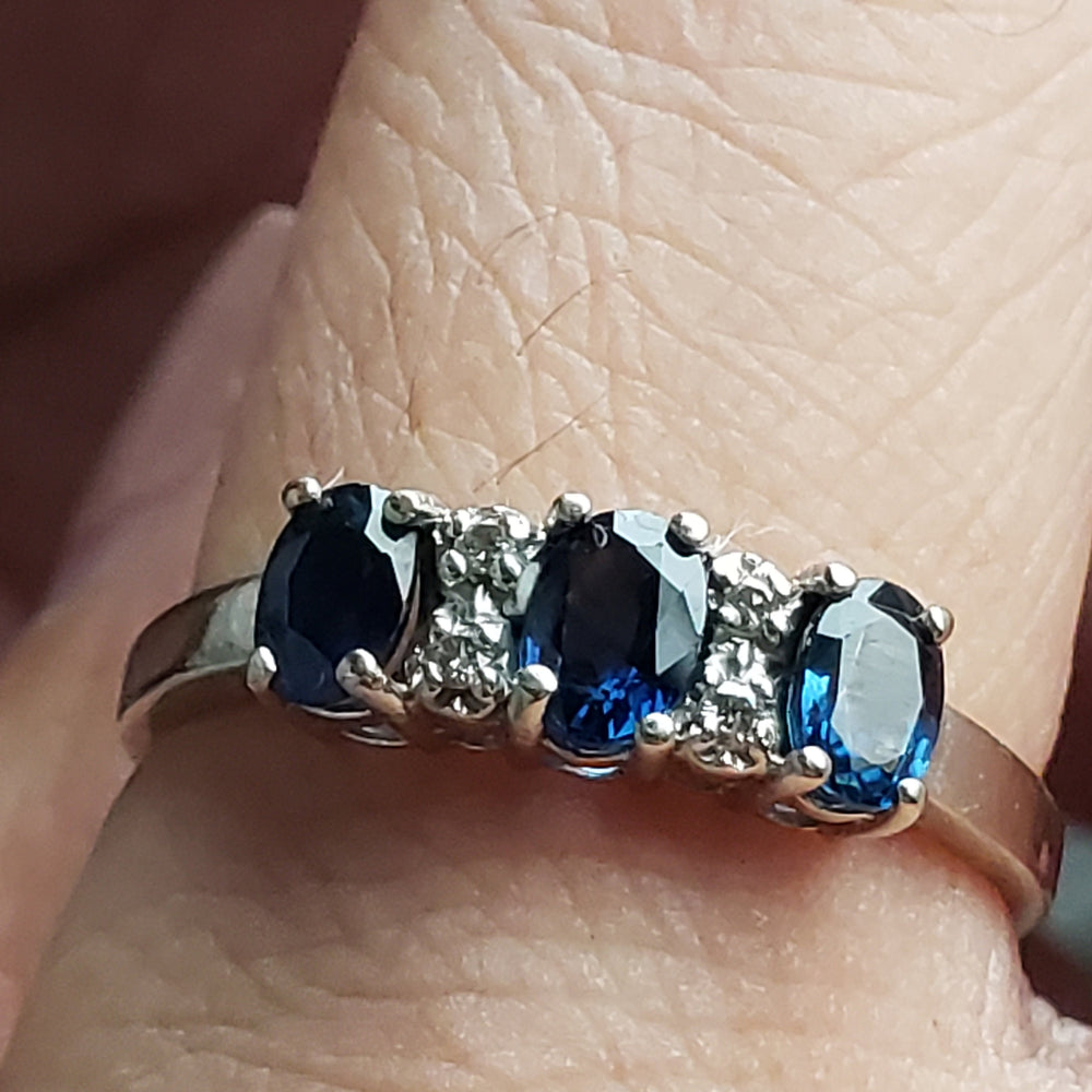 Sapphire Three Stone Ring / Sapphire and Diamond / September Birthstone Ring
