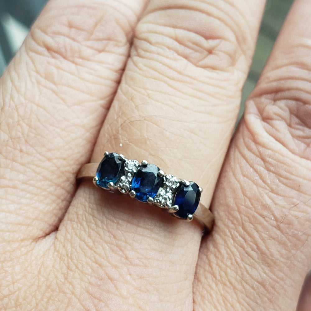 Three Stone Diamond Sapphire Ring | Three stone diamond, Sapphire diamond  ring, Diamond wedding rings