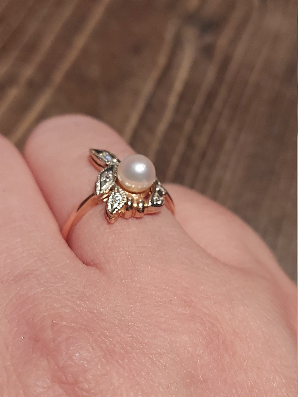 Pearl and Diamond Ring / Ukrainian Hallmarked Pearl Ring / June Birthstone / Pearl and Diamonds / Rose Gold and Pearl Ring