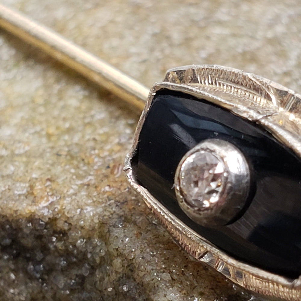 Onyx and Diamond Tie Pin or Stick Pin / Old European Cut Diamond and Onyx Stick Pin / Art Deco Tie Pin