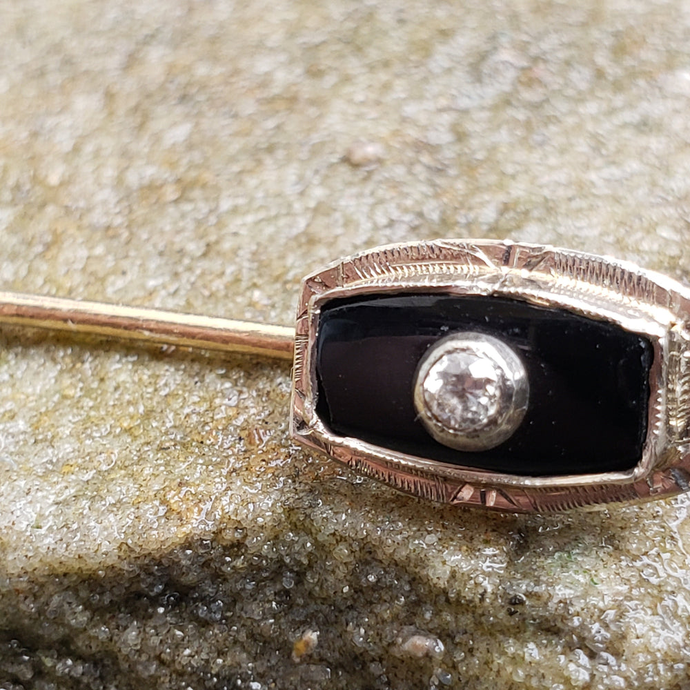 Onyx and Diamond Tie Pin or Stick Pin / Old European Cut Diamond and Onyx Stick Pin / Art Deco Tie Pin