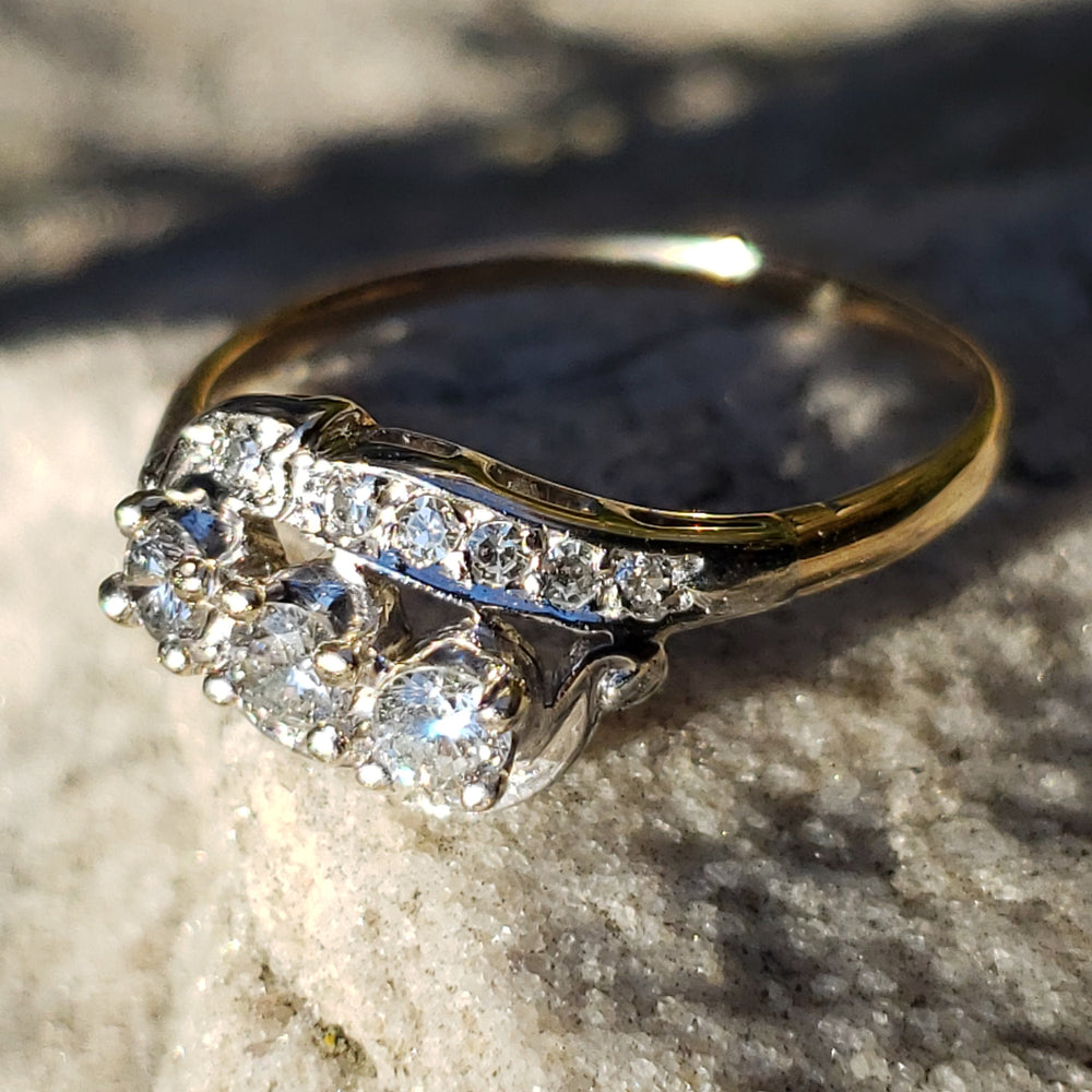 Three Stone By-Pass Ring / Art Deco Diamond Ring / Vintage Diamond Ring