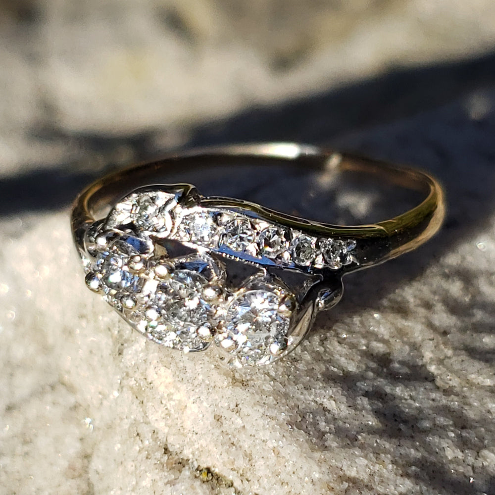 Three Stone By-Pass Ring / Art Deco Diamond Ring / Vintage Diamond Ring