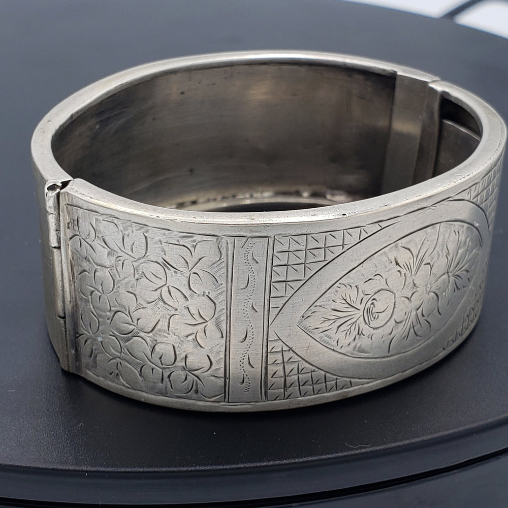 Victorian Silver Wide Cuff Bracelet / Floral Hand Engraved Wide Silver Victorian Cuff Bracelet