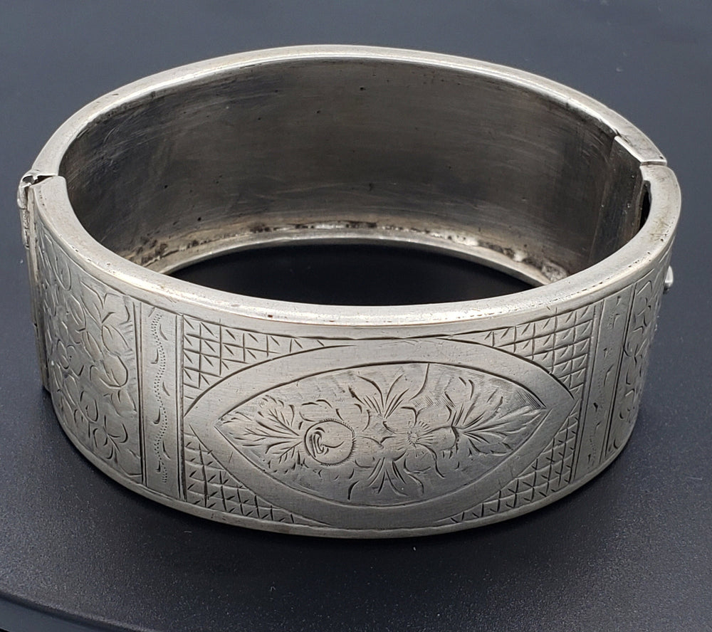 Victorian Silver Wide Cuff Bracelet / Floral Hand Engraved Wide Silver Victorian Cuff Bracelet