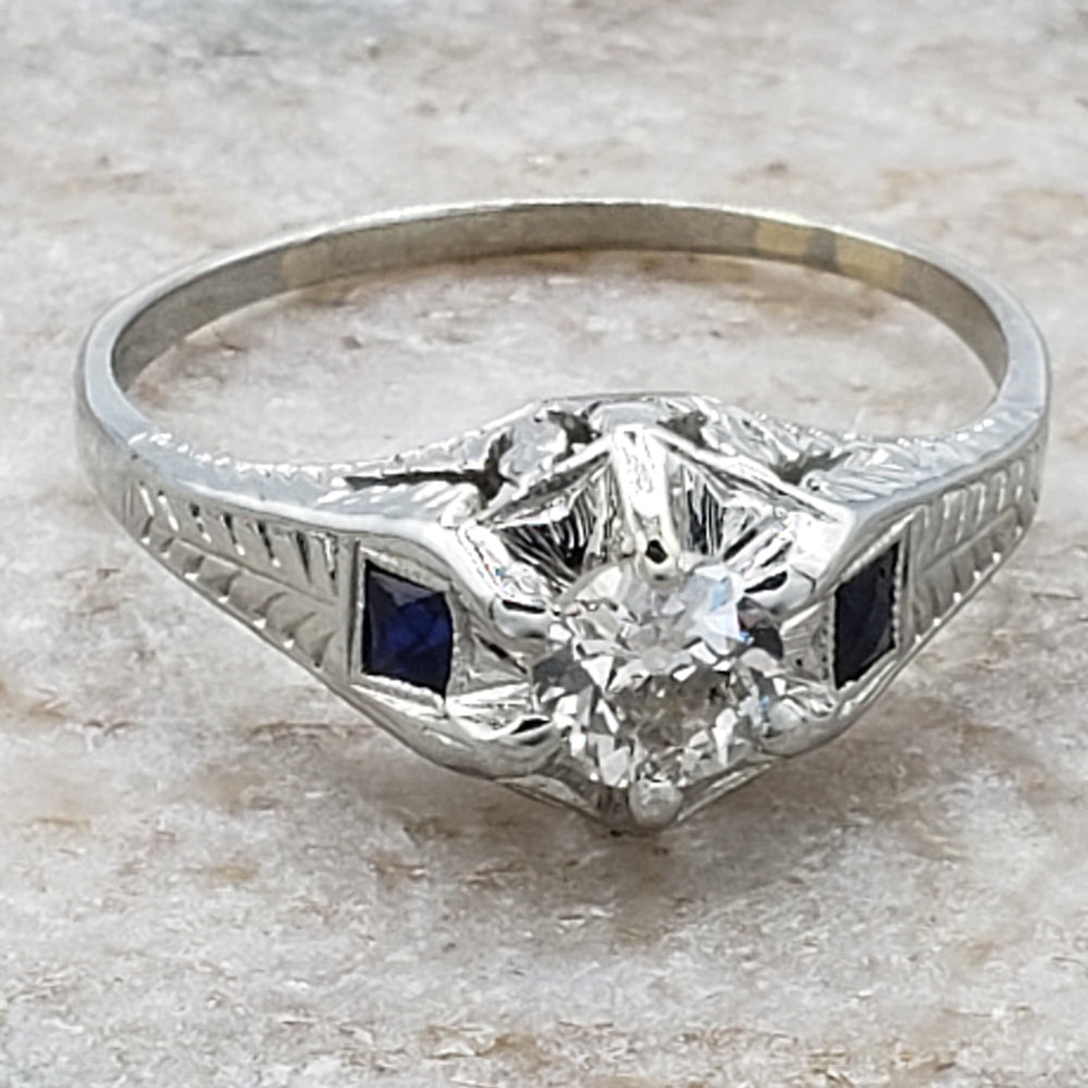Art Deco Diamond Engagement Ring with French Cut Sapphires / Natural Diamond Art Deco Engagement Ring