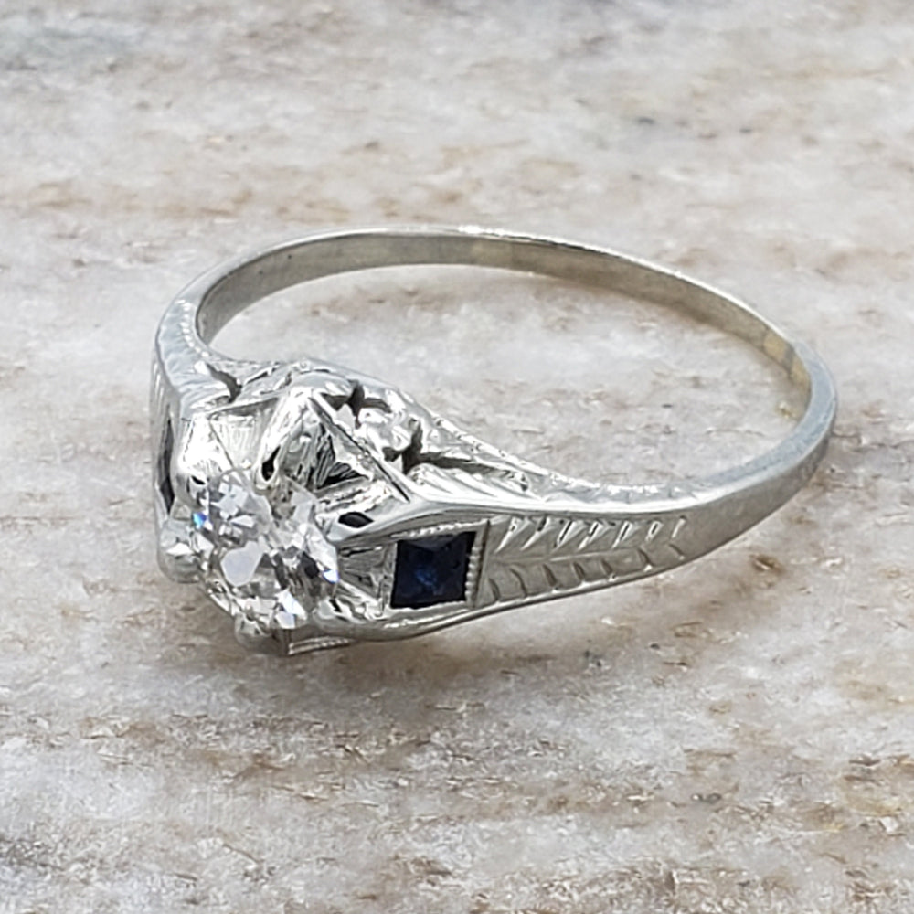 Art Deco Diamond Engagement Ring with French Cut Sapphires / Natural Diamond Art Deco Engagement Ring