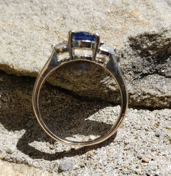 Sapphire and Diamond Three Stone Ring / Sapphire Engagement Ring / September Birthstone Ring