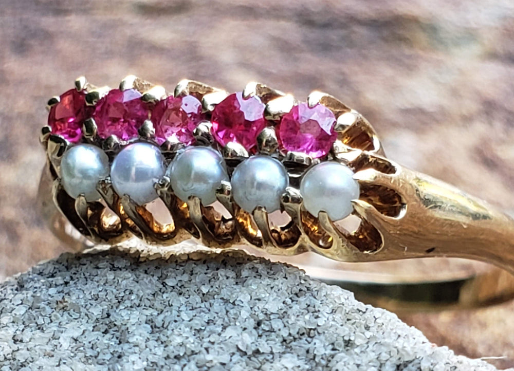 Victorian Ruby and Seed Pearl Ring / Antique Ruby and Pearl Ring