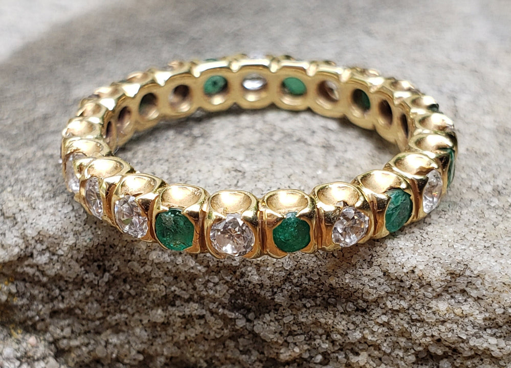CZ and Emerald Eternity Ring / Emerald Anniversary Band / May Birthstone / 18K Yellow Gold Emerald and CZ Eternity Band