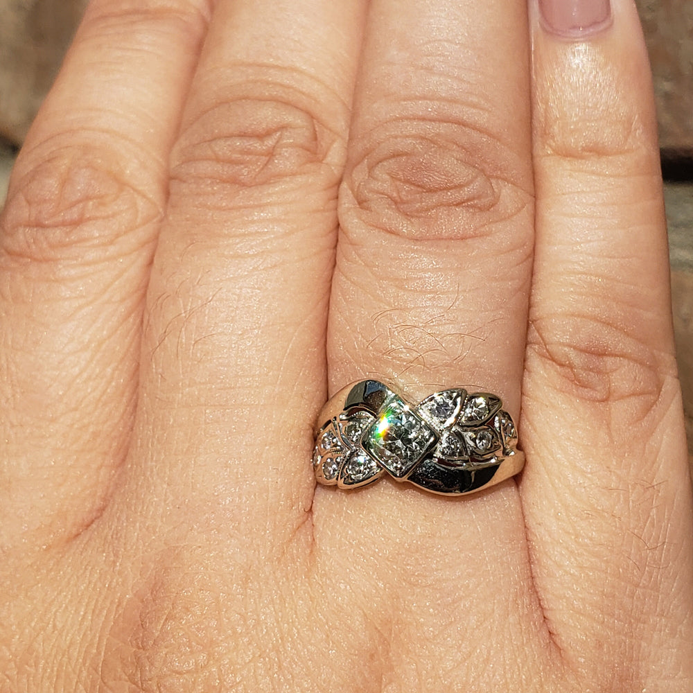Art Deco Diamond Engagement Ring / Diamond Solitaire with Leaves / Art Deco Diamond Ring / Right Hand Ring
