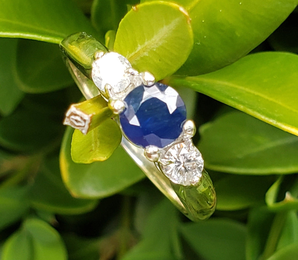 Sapphire and Diamond Three Stone Ring / Sapphire Engagement Ring / September Birthstone Ring
