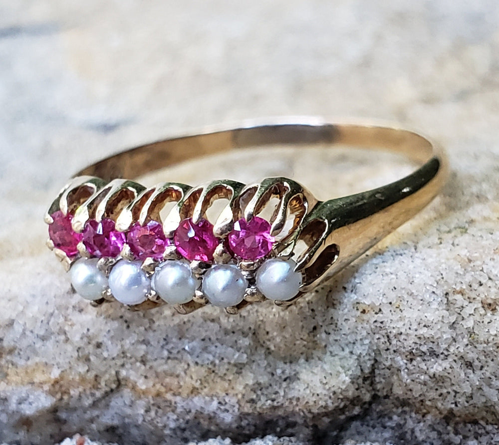Victorian Ruby and Seed Pearl Ring / Antique Ruby and Pearl Ring
