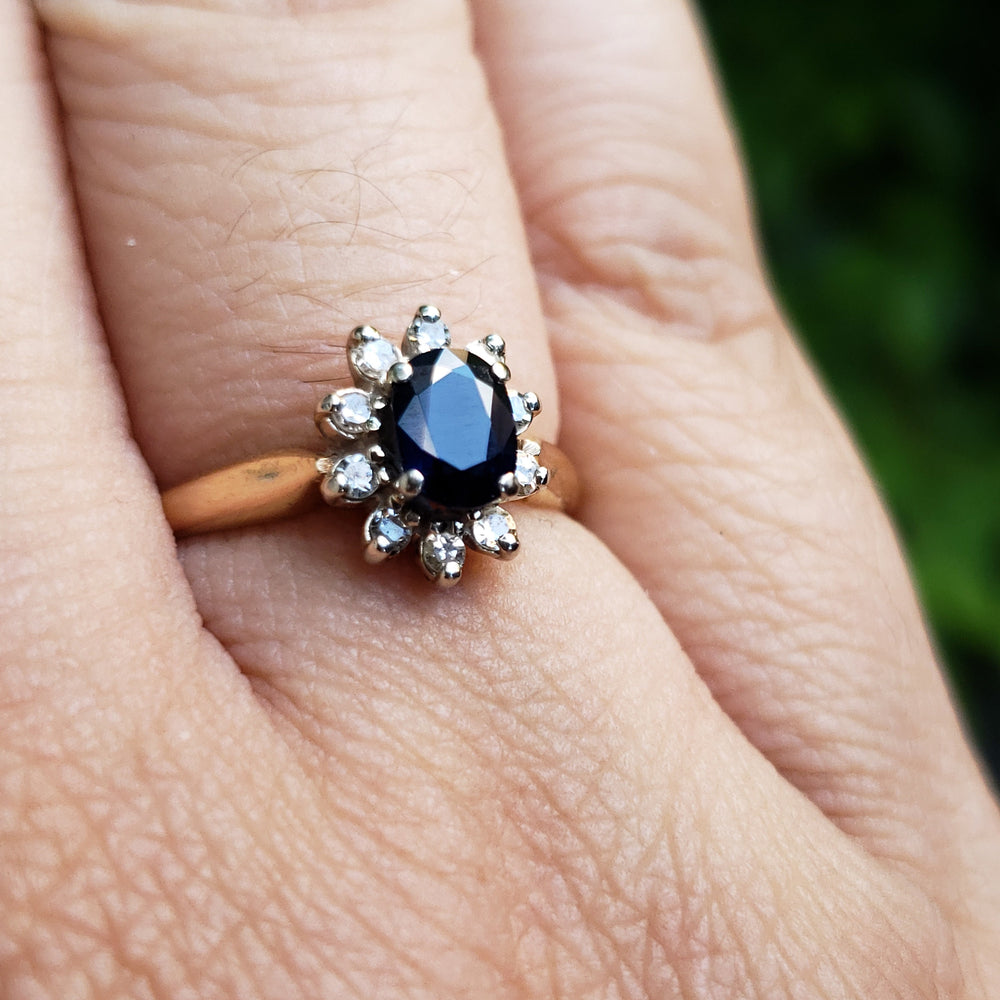 Sapphire Cluster Ring / Lady Diana Kate Middleton Engagement Ring / Sapphire Engagement Ring / Dark Sapphire Ring