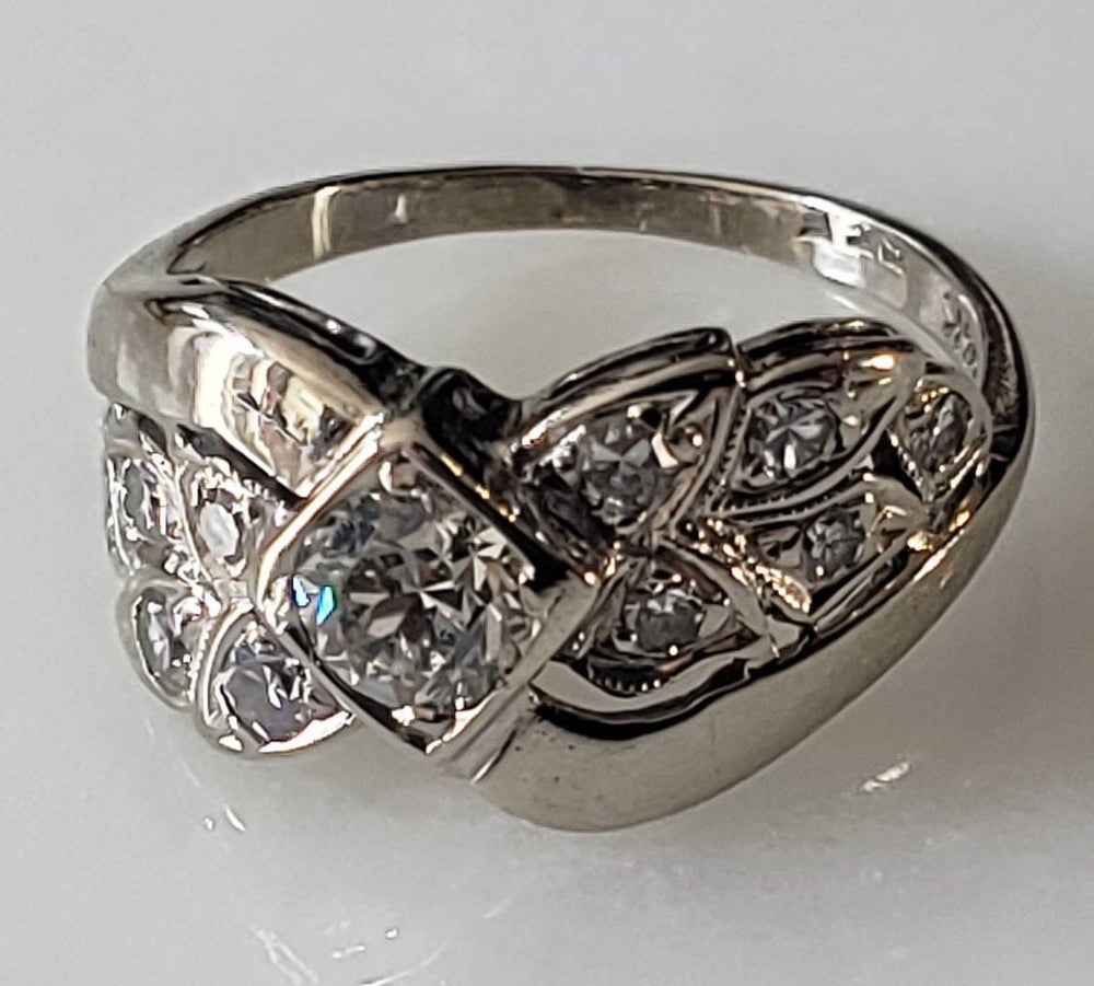 Art Deco Diamond Engagement Ring / Diamond Solitaire with Leaves / Art Deco Diamond Ring / Right Hand Ring